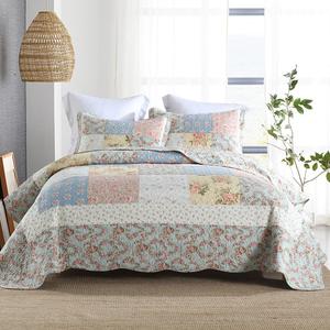 Cotton Bedspread Quilt Bedding Sets 3 Pieces Reversible Coverlet Sets Comforters Green Rose Floral Patchwork Bedspread, Queen Size