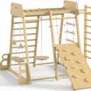 BlueWood Upgraded Indoor Jungle Gym 9-in-1 Playground Kids Climbing Toys, Waldorf Style Wooden Climber Playset with Slide, Swing, Monkey Bars, Upright/Rope Ladder, Climb Net, Natural Wood