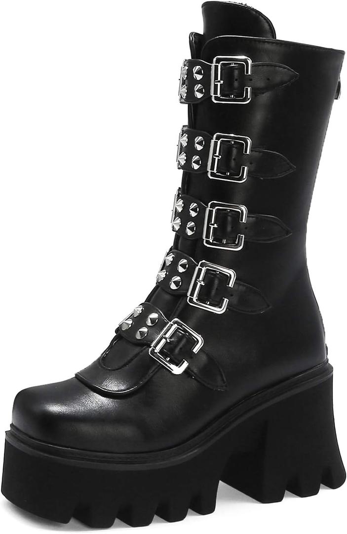 YIYA Black Platform Goth Boots for Women Studded Wide Mid Calf Combat Punk Boots Round Toe Buckle Chunky Heel Back Zipper Thick Sole Ankle Booties (11)