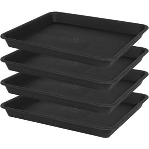 4 Pack Plant Saucer Tray Rectangular, Plant Saucers for Indoors, Heavy Sturdy Plastic Plant Drainage Trays, Plant Drip Trays for Pots, Seed Starter Growing Tray (11 x 9 inch, Black)