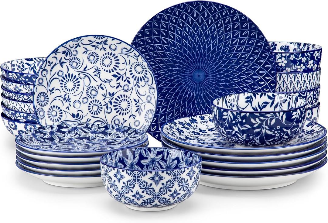 vancasso SELENE Plates and Bowls Set for 6, 24 Pieces Dinnerware Sets, Mircowave and Dishwasher Safe Dishes Set, Porcelain Blue Dinnerware, 24 Pcs