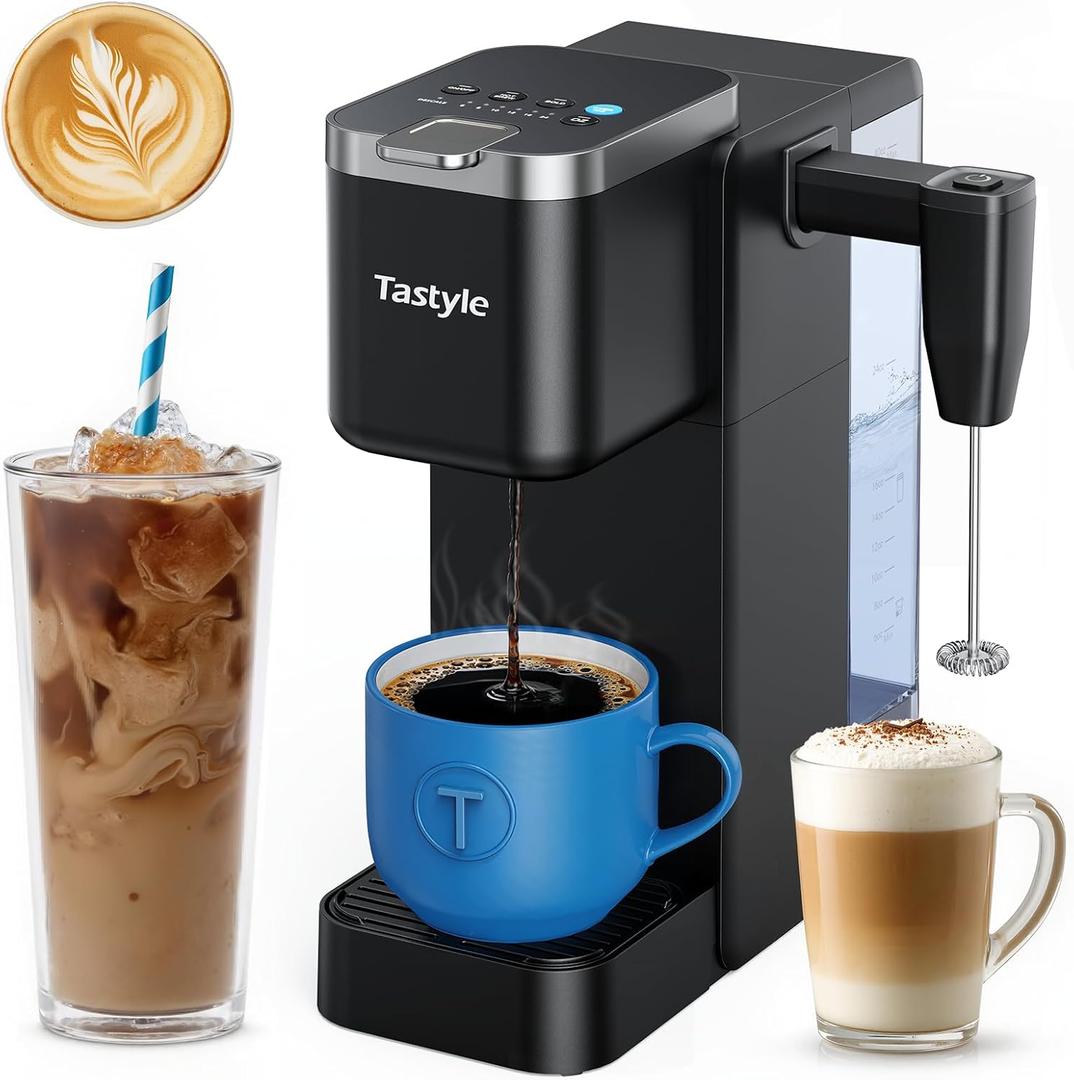 Single Serve Coffee Maker with Rechargeable & Detachable Milk Frother, Iced and Hot Coffee Machine for K Cup & Grounds, 40oz Removable Water Reservoir, 6 Cup Sizes, Fits 7.3" Travel Mug, Black