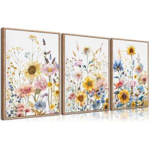 3pcs Colorfully Sunflowers Canvas Wall Art Watercolor Wildflowers Poster Prints Botanical Flowers Wall Decor Pictures for Living Room Bedroom Girl Room Paintings Artwork Decoration Unframed (24L x 16W - Posters)