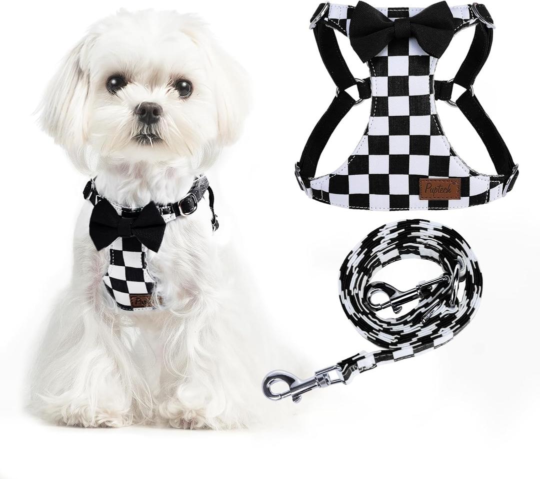 PUPTECK Dog Harness and Leash Set Small Sized, Step-in Cute Puppy Harness, Soft Lightweight Padded Vest, Escape Proof No Pull Pet Harnesses Easy for Walking, Plaid Black & White, XXS
