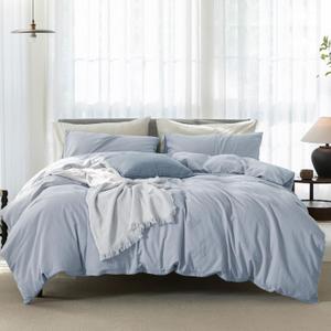 Cooling Queen Duvet Cover Set 3 Pieces-100% Washed Cotton Linen Like Textured Ultra Soft Cozy Bedding with Zipper Closure,Includes 1 Duvet Cover & 2 Pillow Shams(Light Blue,Queen 90"x90")