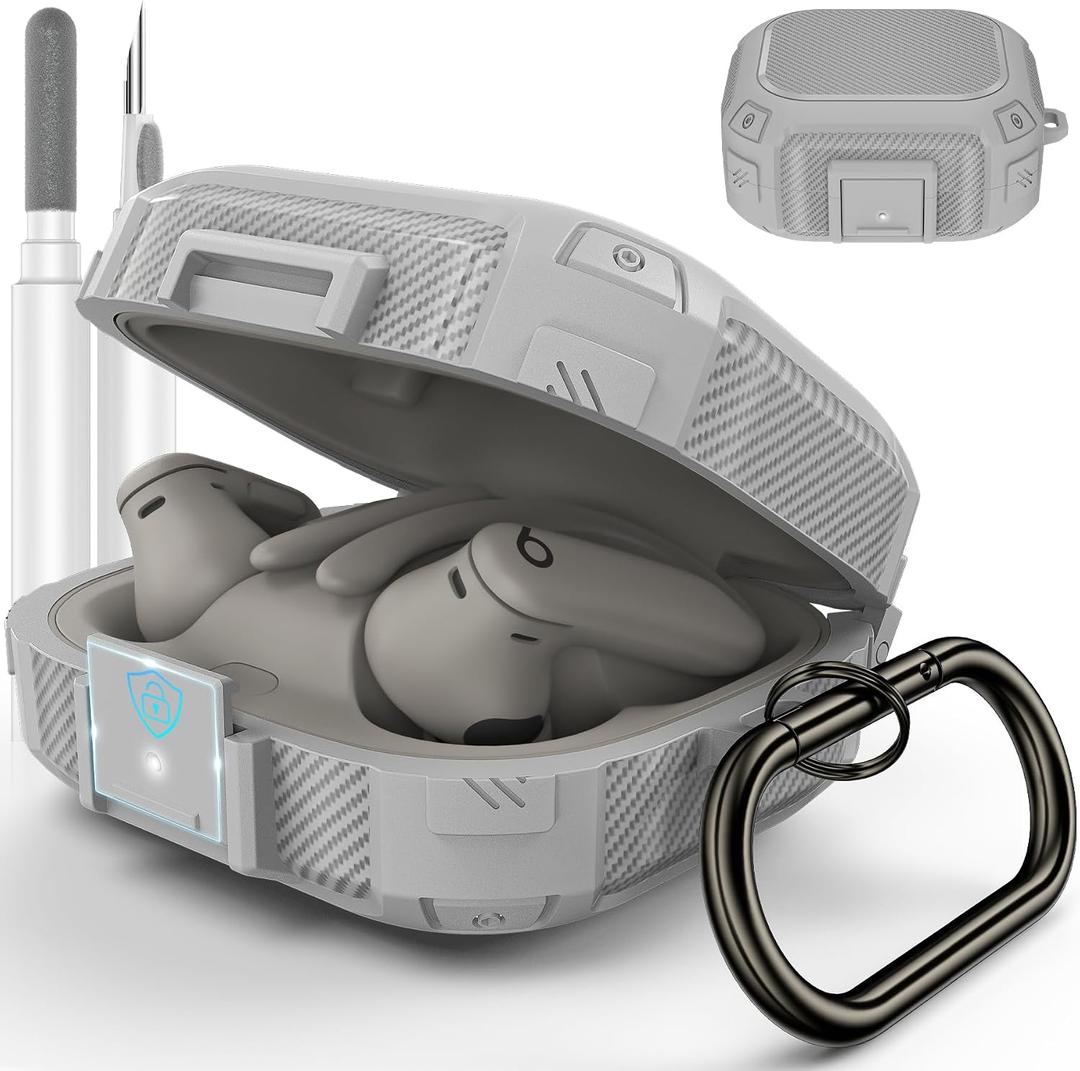 [Upgrade Secure Lock] for Beats Powerbeats Pro 2 Case Cover, LDSXAY Carbon Fiber Shockproof Protective Cover for Powerbeats Pro 2 2025 with Cleaner Kit & Carabiner (Grey)