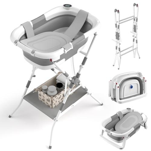 BALLA BALEIN Baby Bathtub with Stand, 2-in-1 Collapsible Bath Tubs for Newborn to Toddler, Infant Bathtub with Folding Stand, Portable Bathtub for Baby Including Soft Cushion, Storage Pad (Gray, 24.4"L x 16.5"W x 8.2"H)