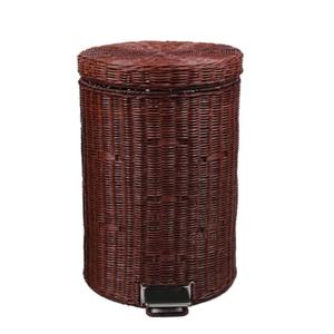 CUTMKGK Rattan Round Foot Pedal Trash Can with Lid,Kitchen Wicker Garbage Can Bedroom Retro Office Silent Handwoven Wastebasket (Dark Brown, 12L)