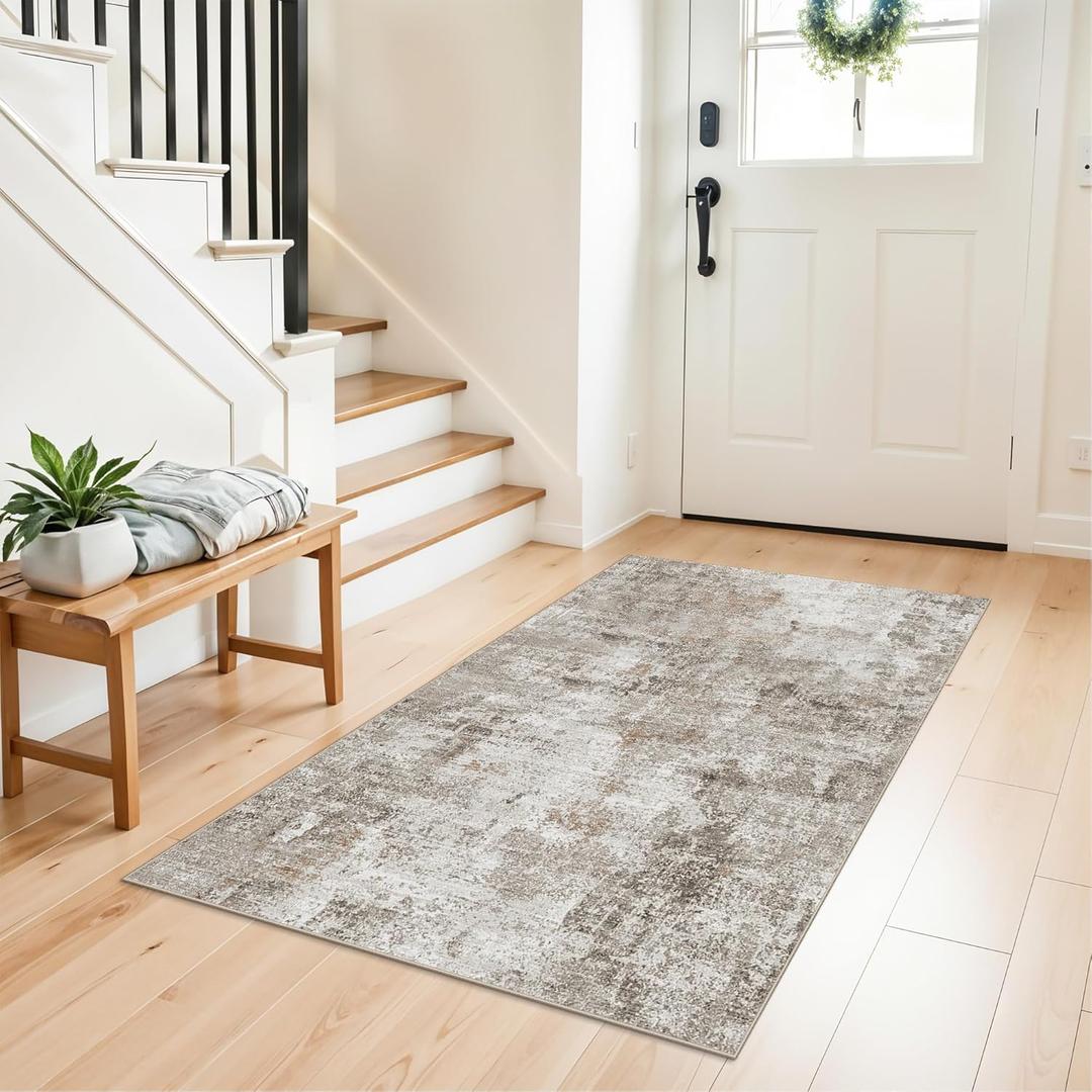 48x41inch Washable Entryway Area Rug - Non-Slip Modern Small Indoor Mat for Bathroom,Living Room,Bedroom - Abstract Neutral Soft Low-Pile Throw Carpet with Rubber Backing (Beige Grey)