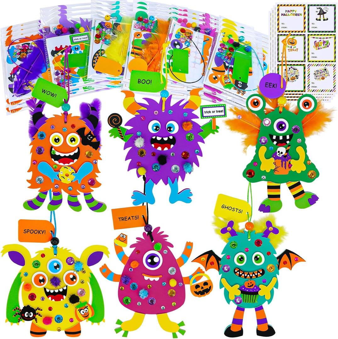 Winlyn 24 Sets Halloween Fall Crafts Kits for Kids DIY Monster Ornaments Foam Monster Crafts Arts and Crafts for Kids Classroom Art Activities Party Favors