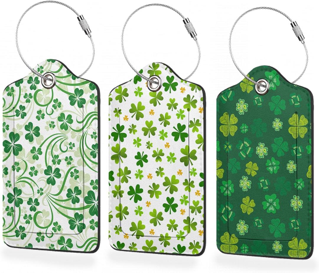 3 Pack Luggage Tags,St.Patrick's Day Shamrock PU Leather Luggage Tags for Suitcase,Name ID Labels with Privacy Cover Suitcases and Metal Loop for Bag Suitcase