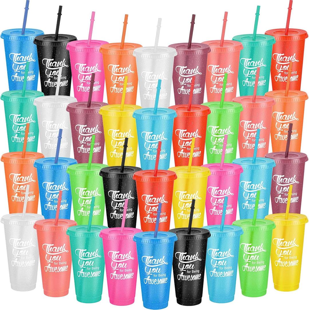 Sieral 48 Pcs Employees Appreciation Gifts Bulk Thank You Cups with Lids and Straws 24 oz Plastic Tumbler Travel Mugs Inspirational Gifts for Coworker Stuff Teacher Christmas (Stylish Color)