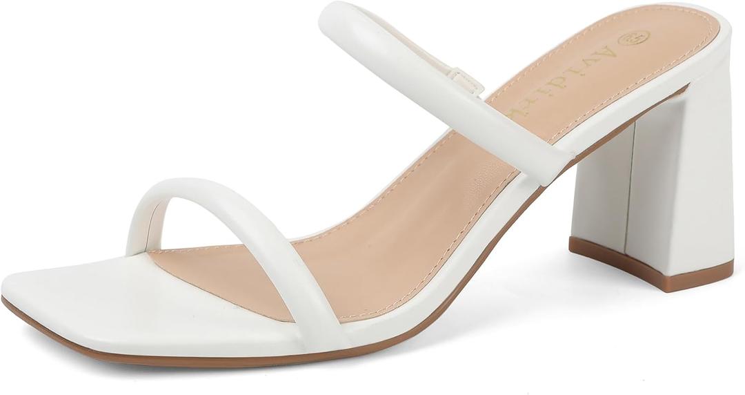 Women's Square Open Toe Heeled Sandals Two Strap Mules Slip On Block Chunky Mid Heels Sandals (6.5, White)