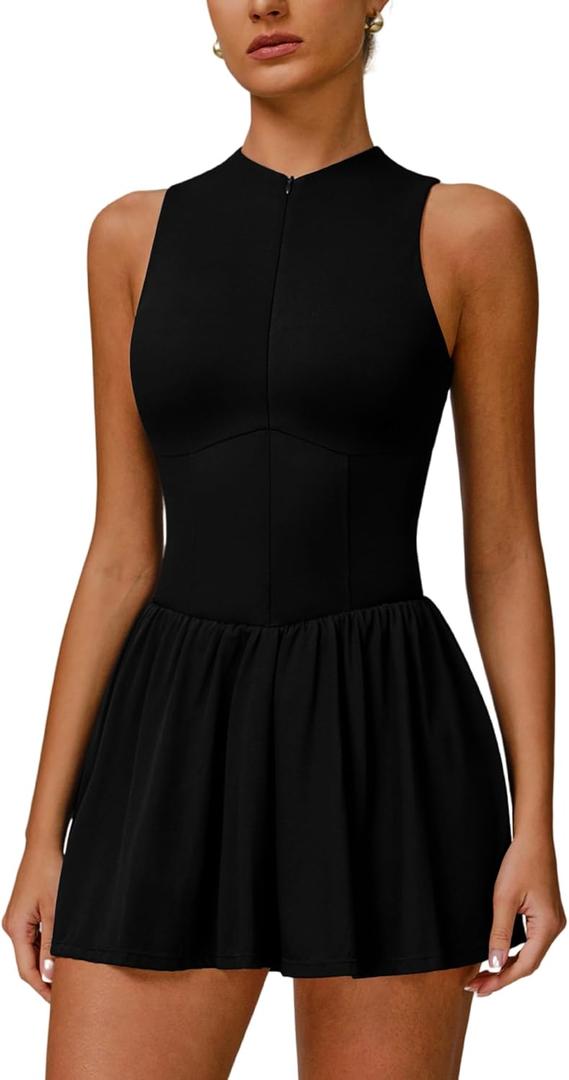 ABOCIW Womens Zip Front Tennis Dress High Neck Sleeveless Workout Golf Dresses Build in Shorts with Pockets (8-10, Black)
