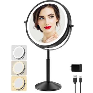 Professional 9" Lighted Makeup Mirror with 1X/10X Magnification- Rechargeable Double-Sided Vanity Mirror with Light, 88 High-CRI 97 LEDs, 3-Color & Dimmable Brightness, Height Adjustable, 360 Swivel (Black)