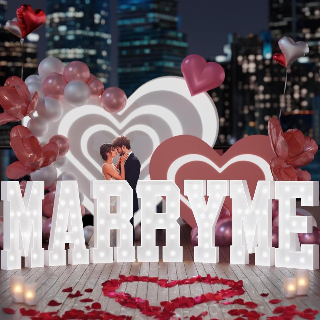 Marry Me - Letras iluminadas, letras de marquesina de 4 pies de alto con ptalos de rosa para propuesta, compromiso, boda, fiesta, decoraciones romnticas, letrero para decoraciones de boda