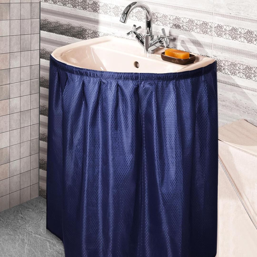 Fabric Sink Skirt Diamond Bathroom Stitch Self Stick Adhesive Waterproof Fabric Under Sink Curtain Skirt 55 x 32 Inch Adds Bathroom Storage(Dark Blue,Fashion Style)