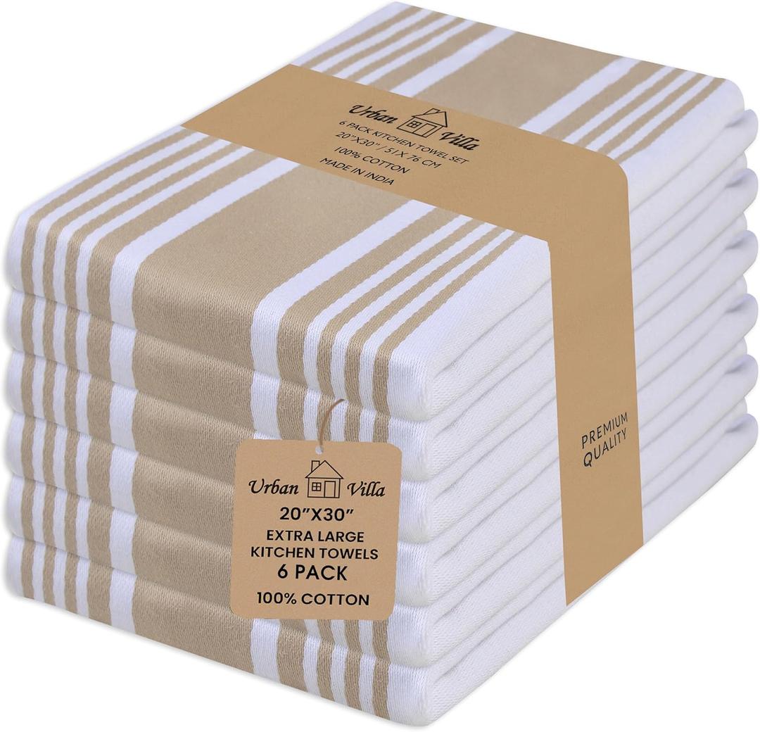 Urban Villa Kitchen Towels 100% Cotton Dish Towels for Kitchen (Set of 6)20x30 Dish Cloths Highly Absorbent Kitchen Linen Set with Hanging Loop Perfect for Drying Dishes Cleaning Towels-Taupe White