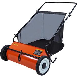 Push Lawn Sweeper, 26-Inch Width, 7 Cu. Ft. Hopper Capacity, 4 Spinning Brushes, Adjustable Height, Durable Steel Frame with Rubber Wheels, Orange