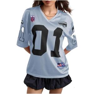 Women's Number Graphic Mesh Jersey Shirt V Neck 3/4 Sleeve Football Tee Tops Sportswear (Blue, XL)
