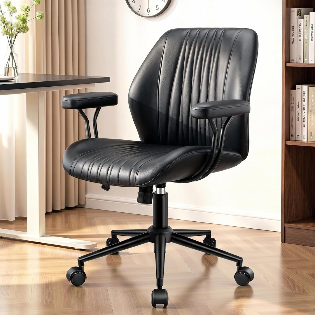 Leather Office Chair with Removable Armrests, Mid Back Ergonomic Desk Chair with Lumbar Support, Adjustable Height Rocking Swivel Executive Chair for Home Office, Black