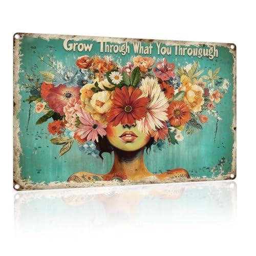 Vintage Garden Signs - Metal Tin Sign Wall Art Decor, "Grow Through What You Go Through" Metal Sign for Home Garden Greenhouse Living Room Bedroom Yard Outdoor Decor Girl Gifts