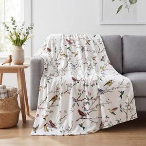 Horaldaily Spring Summer Flannel Blanket Throw, Birds Branch White Floral Soft Fuzzy Plush Cozy Fleece Blankets for Couch Sofa Bed Lounging, Ideal Gifts for Kids Adults Self, 50x60