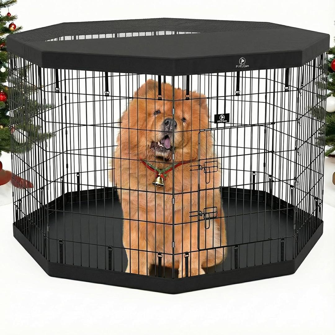 PJYuCien Dog Playpen - 8 Panels 42 inchH Metal Foldable Exercise Pen, Pet Fence Puppy Crate Kennel Indoor Outdoor with Top Cover & Bottom Pad for Medium Large Pets Black