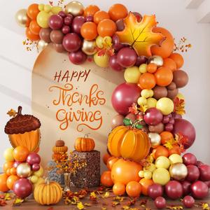 141pcs Thanksgiving Balloon Arch Kit, Fall Balloon Garland with Mustard Yellow Burgundy Burnt Orange Balloons for Baby Shower Fall Autumn Birthday Party Decorations