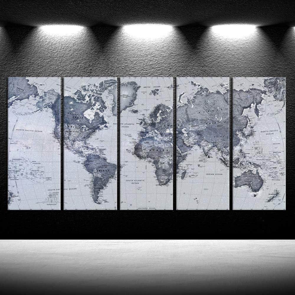5 Pieces Vintage World Map Canvas Prints Push Pin Wall Art Decor Trace Travel Marks The Map of The World Antique Framed Picture for Living Room Office 16x40inx5