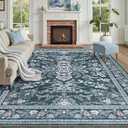 DCX Navy Blue 9x12 Area Rug, Machine Washable Non Slip Stain Resistant Soft Vintage Floral Rug, for Living Room, Bedroom, Dining Room, Soft Low Pile Large Carpet