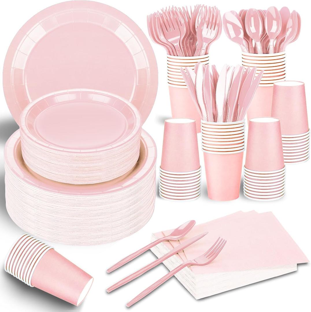 TWOWYHI 228PCS Pink Party Supplies Set Include Paper Plates Cups Pink Napkins Plastic Spoons Forks Knives for 30 Guests Disposable Party Dinnerware For Birthday Wedding Family Picnic