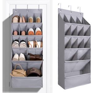 FENTEC 1 Pack Over-the-Door-Shoe-Organizers, Hanging Shoe Organizers with Large Pocket Shoe Holder Hanging Shoe Rack for Closet Shoe Organizer for Wall, Over Door Organizer with 15 Pockets Gray (GREY-(18+ Pairs))