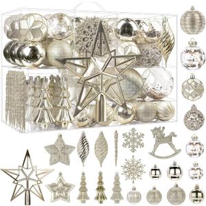 SHareconn 100pcs Christmas Tree Decorations Ornaments Set, Shatterproof Plastic Baubles Decorative Balls for Xmas Tree Decor Holiday Wedding Party, ChampagneGold