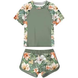 Idgreatim Girls Rashguard Swimsuit 2 Piece Short Sleeve Bathing Suit UPF 50+ Sun Proction Swimwear Size 8-16T