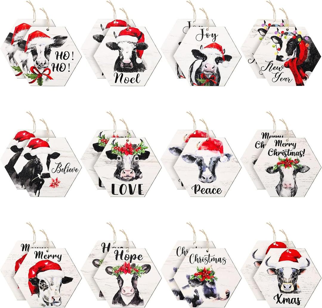 Spiareal 24 Pcs Christmas Cow Ornament Wooden Cows Christmas Tree Decorations Hanging Wood Funny Farm Animal Ornaments for Farmhouse Home Xmas Holiday Crafts Party Supplies