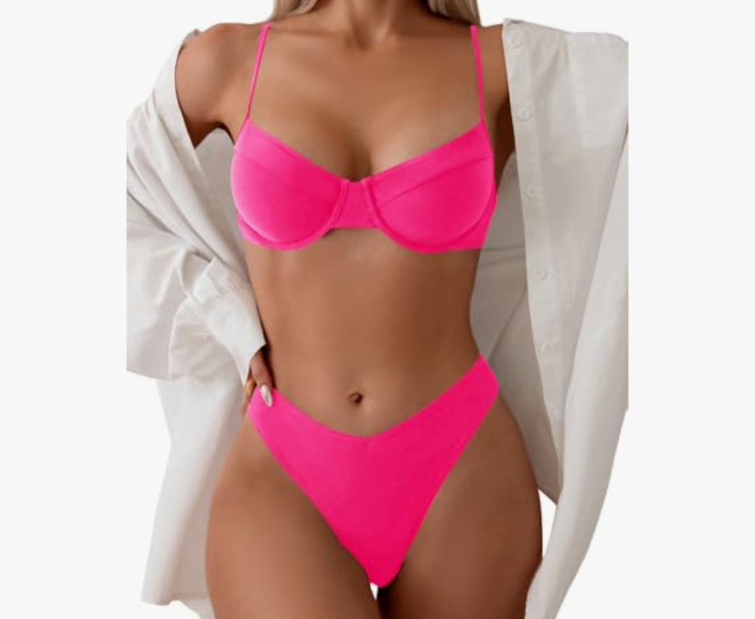 SweatyRocks Women's 2 Piece Bikini Set Spaghetti Strap High Cut Push Up Underwire Swimsuit, Large