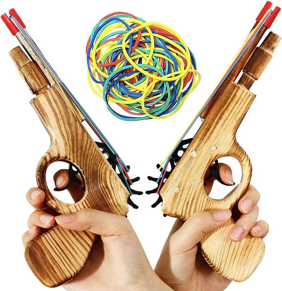 Zonzxcv 2 Pcs Wooden Rubber Band Gun Kids Outdoor Toy with 100 Rubber Bands 9 Inches Length (Red)