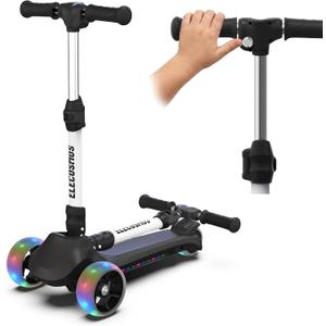 ELECOSMOS Safe Electric Scooter for Kids 4+, Balance for Beginner, Thumb Throttle, Flash Deck, Extra Wide Light Up Big Wheels, Adjustable Heights, 5 MPH Safe Speed