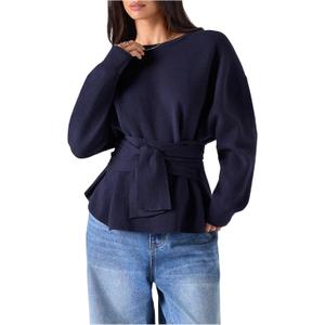 SHENHE Women's Fall Dressy Peplum Sweater Crew Neck Belted Cinched Waist Sweater Pullover (XS,Deep Blue)