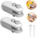 2Pcs Mini Bag Sealer, Rechargeable Heat Sealing Machine, 2 in 1 Chip Bag Sealer with Cutter and Magnet, Portable Bag Resealer Machine, Handheld Food Sealer for Snack Plastic Bags Food Storage, White