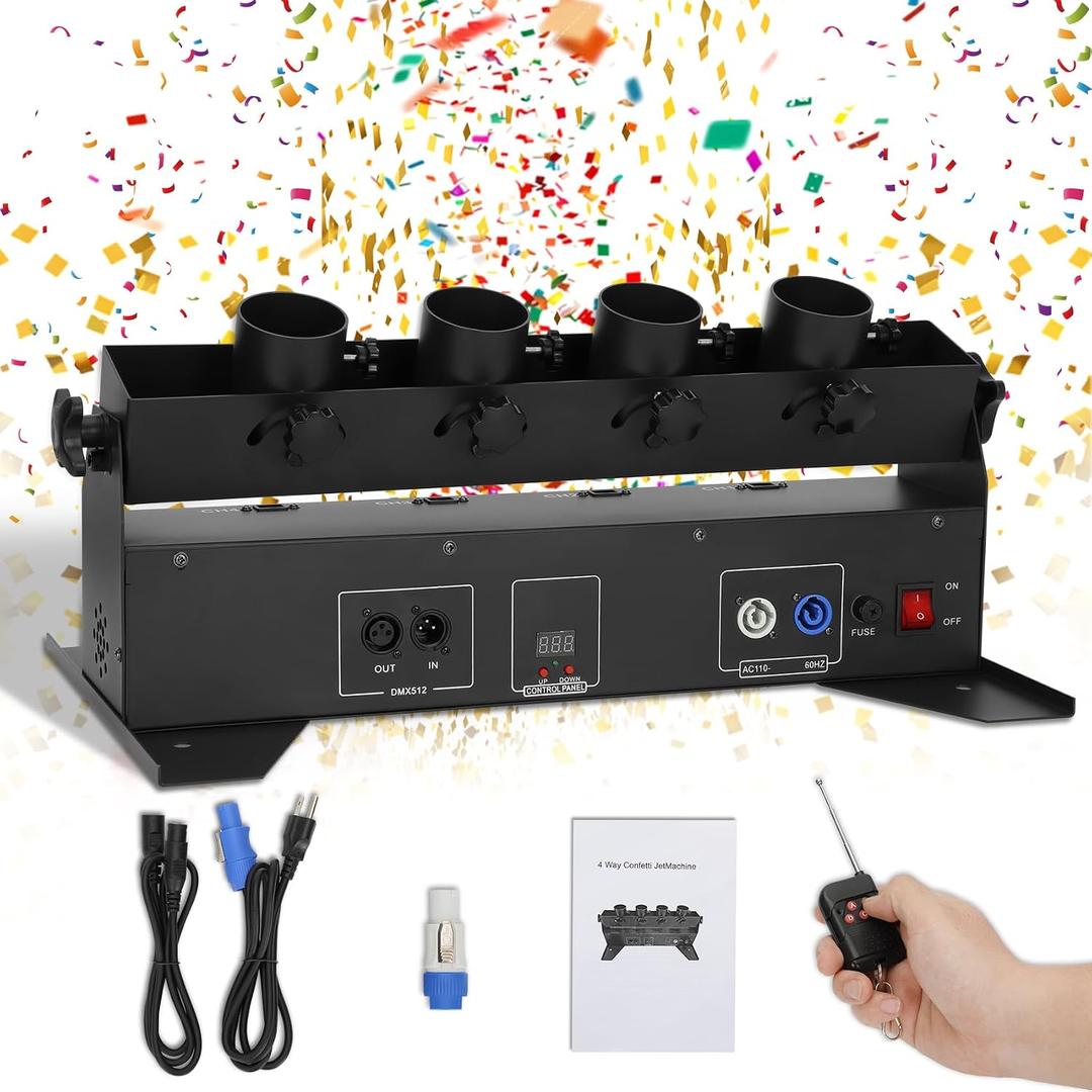 Professional Confetti Launcher Cannon Machine, 4-Shot Electric Confetti Machine with Remote/DMX Control & Adjustable Angle, Perfect Partner for Party, Wedding, DJ Nightclub, Stage, Christmas