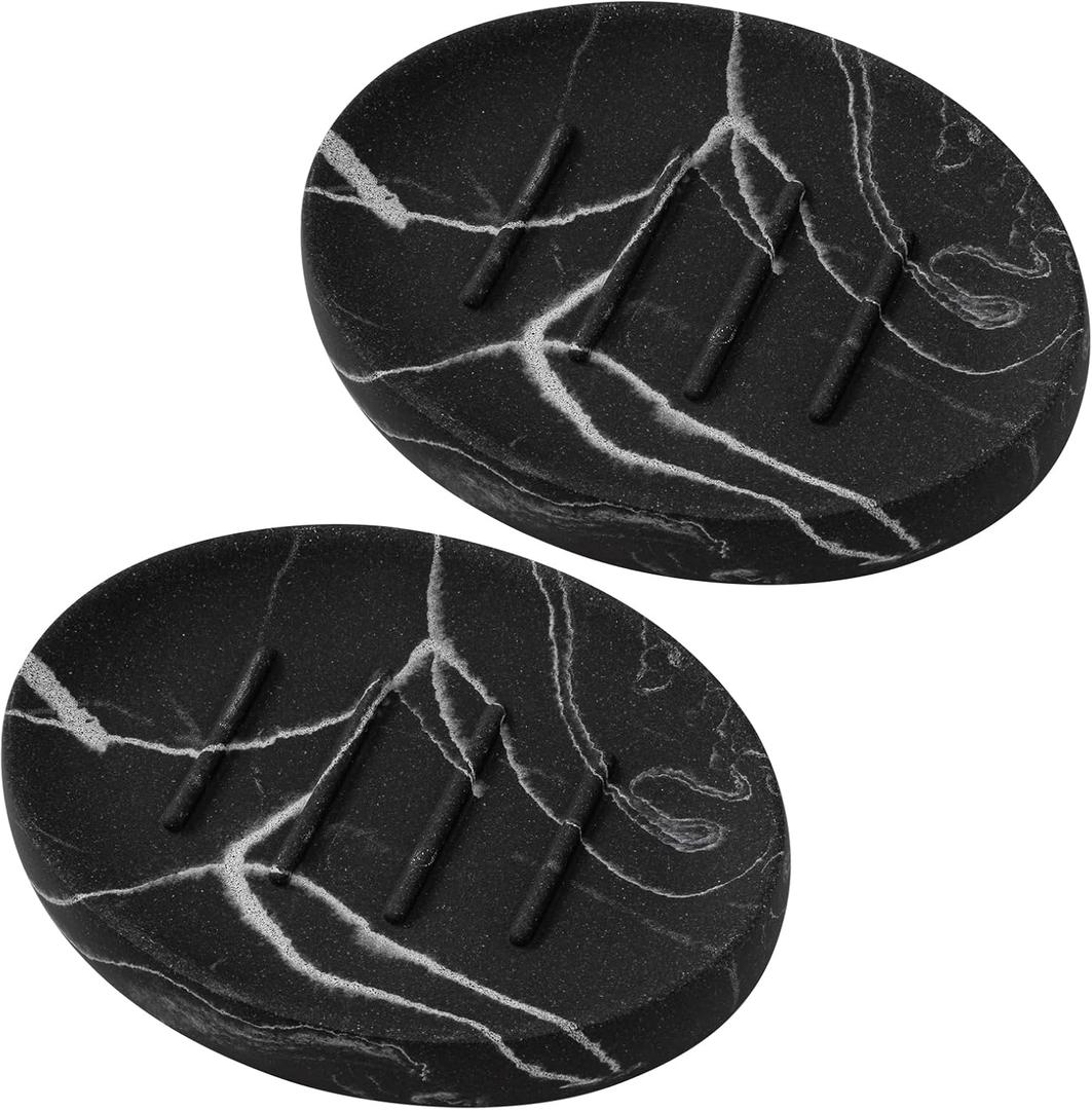 Soap Dish Bathroom Resin Marble Look Bar Soap Holder for Shower Soap Tray for Kitchen Sink 2 Pack(Marble Black)