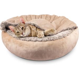 JOEJOY Small Dog Cat Bed With Hooded Blanket, Cozy Cuddler Luxury Puppy Pet Donut Round Calming Anti-Anxiety Burrow Cave - Anti-Slip Bottom, Machine Washable, 23 Inch