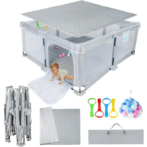 Nvlirun Foldable Baby Playpen 59"x71"，Playpen for Babies and Toddlers with Mat，Foldable playpen with Door，Indoor and Outdoor Baby Fence Play Area (Grey (Cationic Fabric), Foldable 59"x71" with Mat)