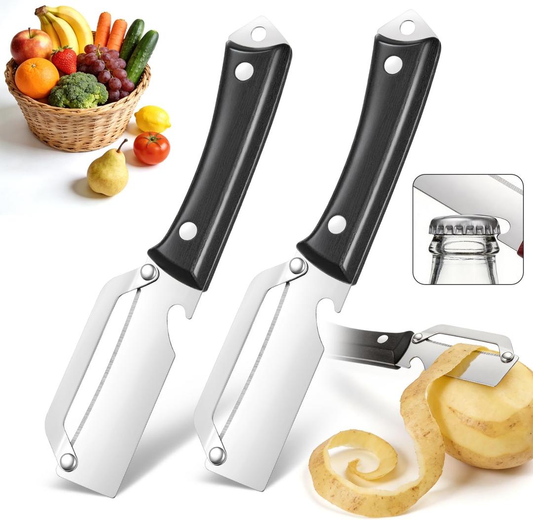 2 x 3-in-1 Stainless Steel Vegetable Peeler & Julienne Cutter with Bottle Opener - Multifunctional Kitchen Gadget for Fruits, Veggies, Camping & Daily Home Cooking(2-Pack) black