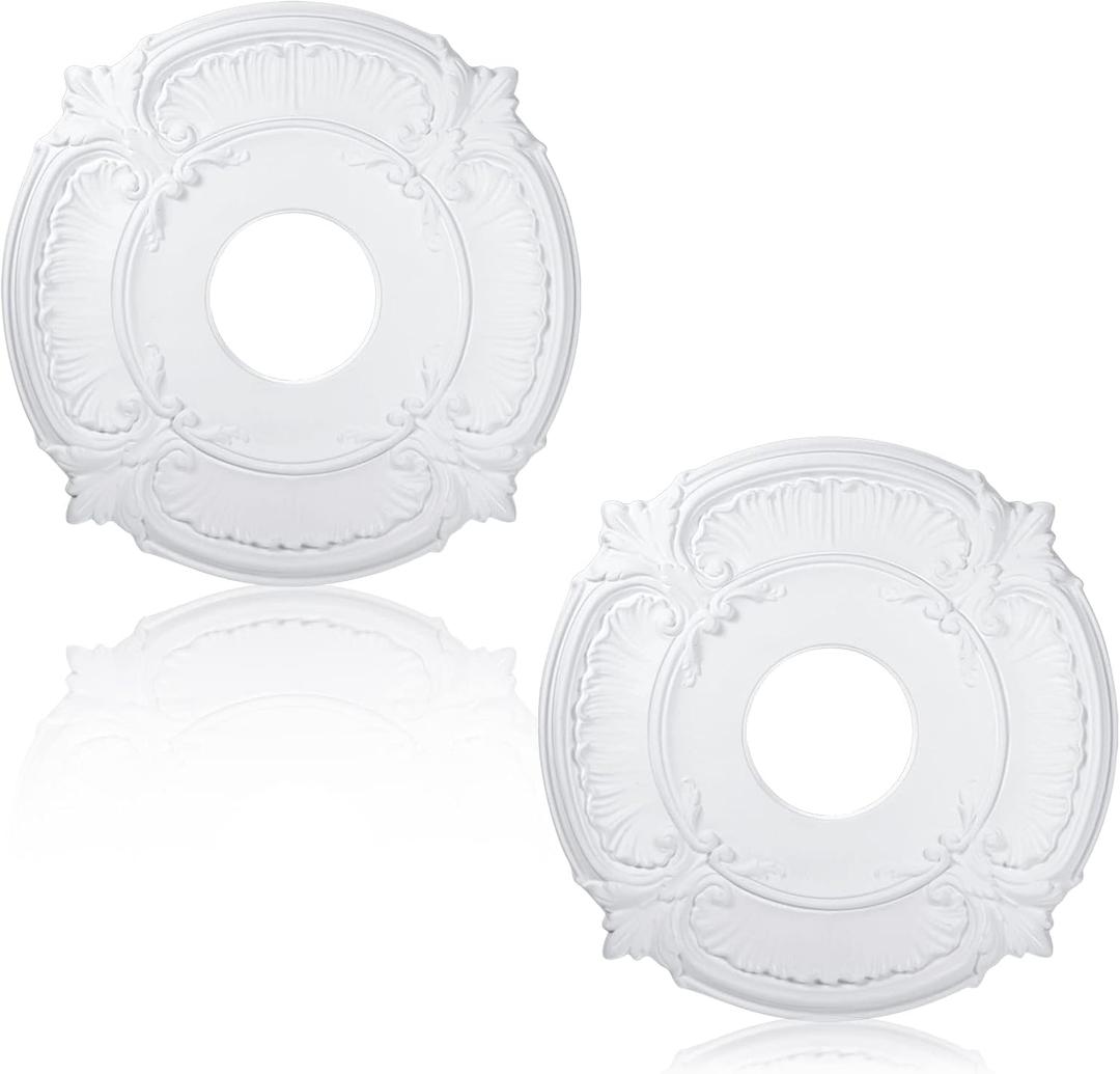 Cunno 2 Pieces PU Ceiling Medallion Decorative Ceiling Fan Medallion Round Home Lighting for Light Fixtures Chandeliers, 12" od x 3.5" ID(White)