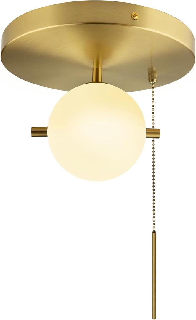 Semi Flush Mount Ceiling Light Gold, Glass Globe Ceiling Light with Pull Chain, Mid Cenrtury Modern Pull String Light Fixture Ceiling Mount for Closet Bathroom Kitchen Sink Bedroom Hallway Basement