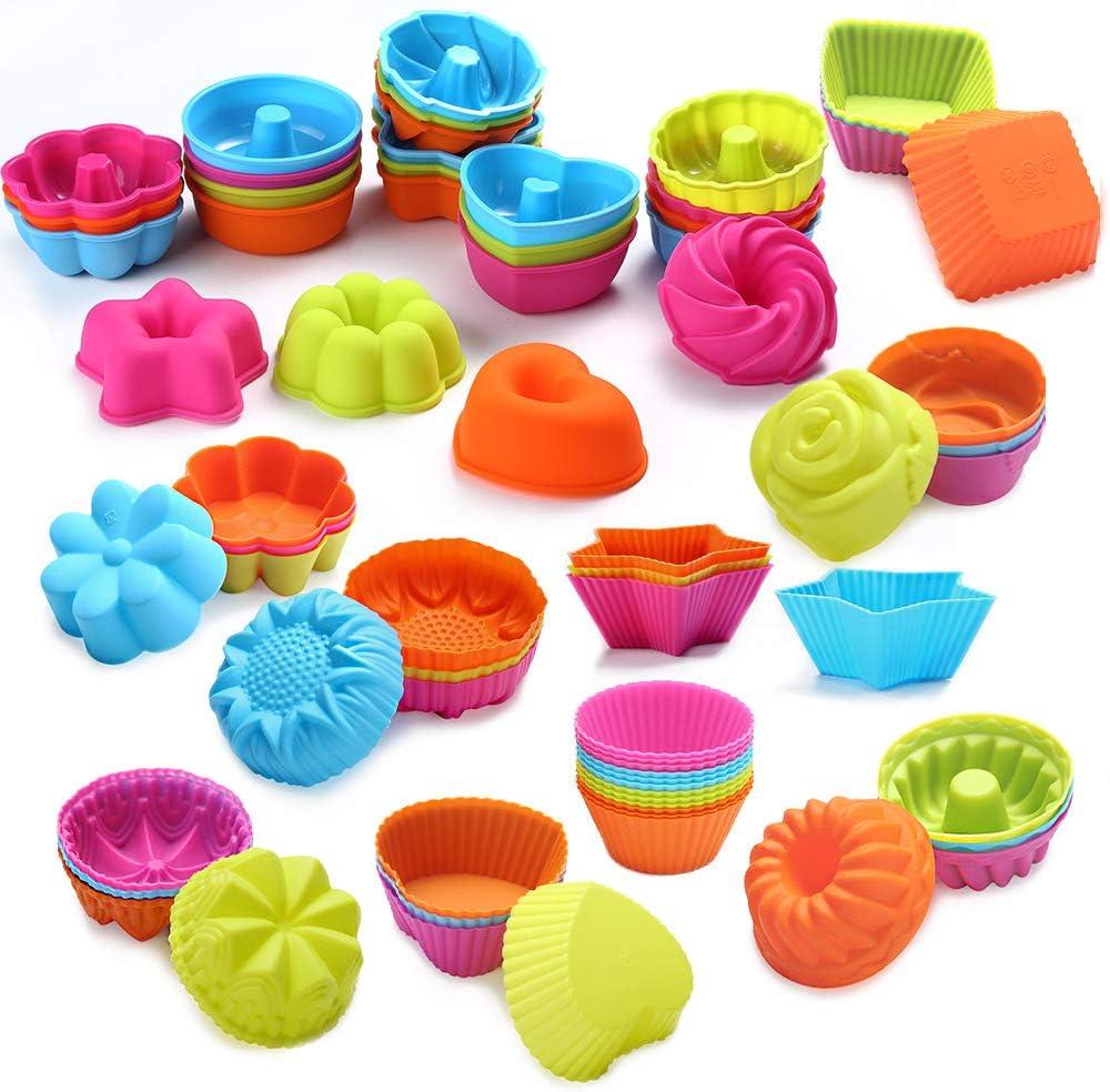 A-XINTONG Silicone Muffin Baking Cups Pack of 24/36 Pieces Colorful Reusable 6/9 Shapes Silicone Mini Cupcake Molds, Nonstick Cupcake Liners Candy Molds Set DIY Cake Tools (36)