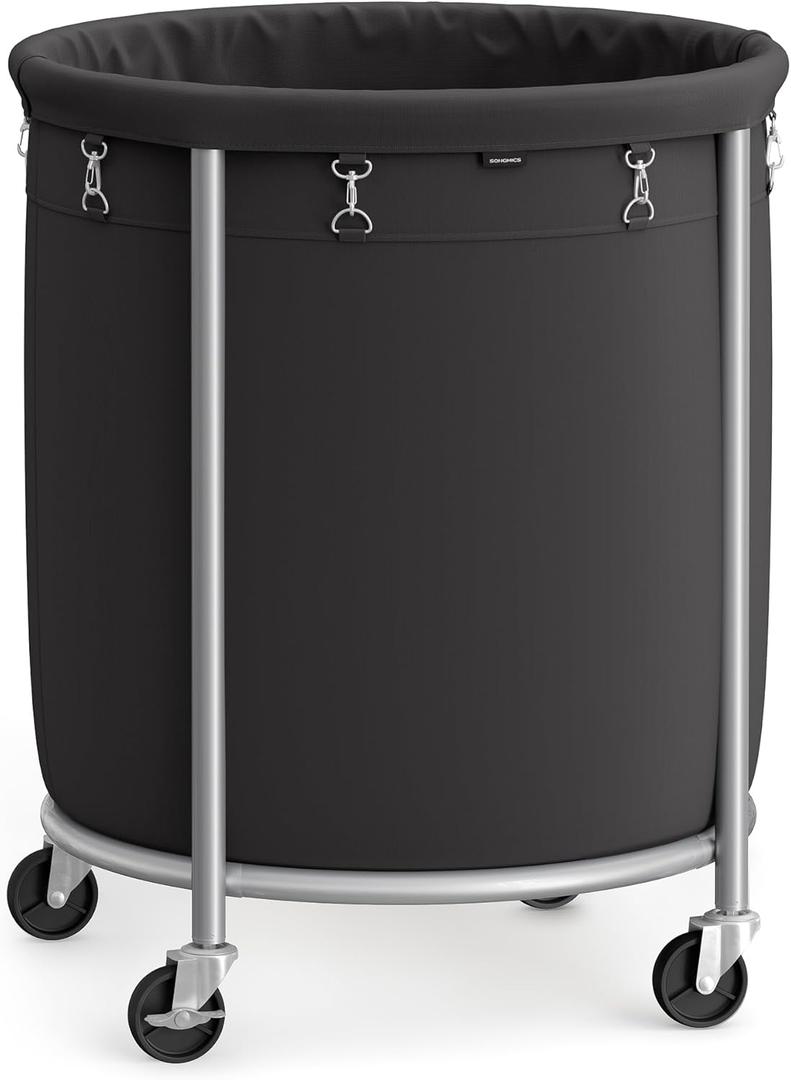 SONGMICS 50.2-Gallon (190 L) Laundry Basket with Wheels, Rolling Round Heavy-Duty Laundry Hamper Cart with Steel Frame and Removable Bag, 2 Locking Wheels, Ink Black and Metallic Silver URLS001B01